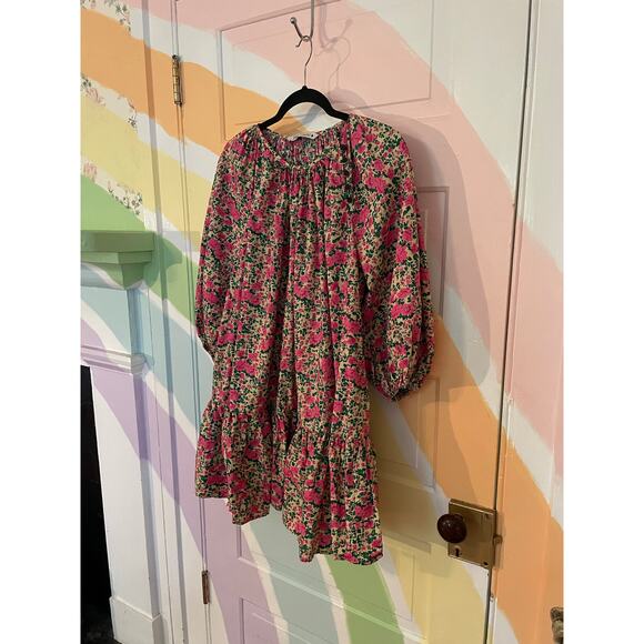 Zara Floral Babydoll Smock Mini Dress Pink Roses Ruffle Hem Size Large - Picture 2 of 12